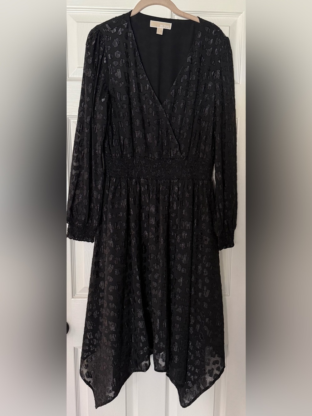 Michael Kors Black V-Neck Long Sleeve Smocked Waist Midi Dress